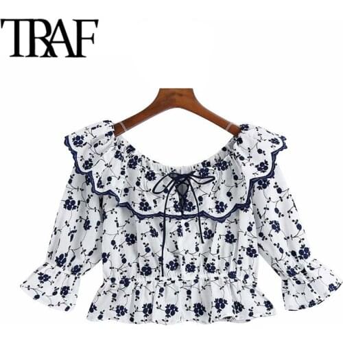 TRAF Women Sweet Fashion Floral Embroidery Ruffled Crop Blouses Vintage Short Sleeve Elastic Hem Female Shirts Chic Top