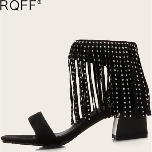 Women Party Fringe Sandals Summer Plus Size 44 45 46 47 48 Shoes Square Toe High Block Heels Crystal Korean Style Black Handmade