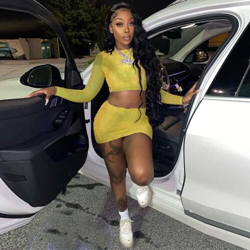 Sexy Solid Bandage Two Piece Set Women Skirt Streetwear Long Sleeve Crew Neck Crop Top+sexy Sheath Skinny Partywear Mini Skirt