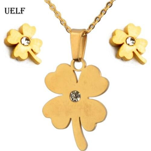 UELF High Quality Elegant Gold Color Austrian Crystal Clover Pendants Necklaces Earrings Bridal Jewelry Sets For Women