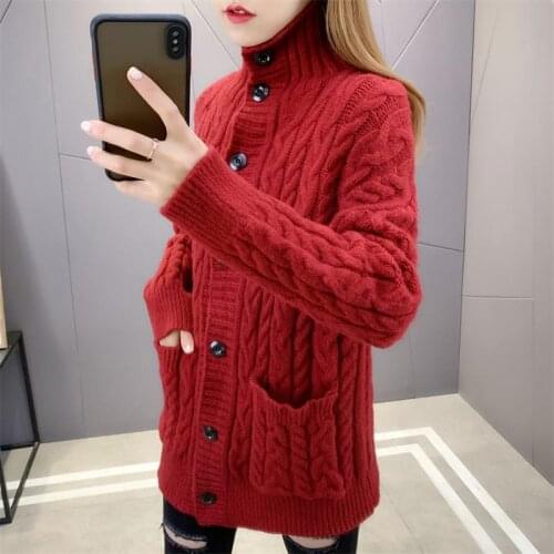 2021 Autumn Winter Korean Fashion Casual Knit Cardigan Womens Single-Breasted Turtleneck Loose Plus Size Sweater Coat 3XL Femme