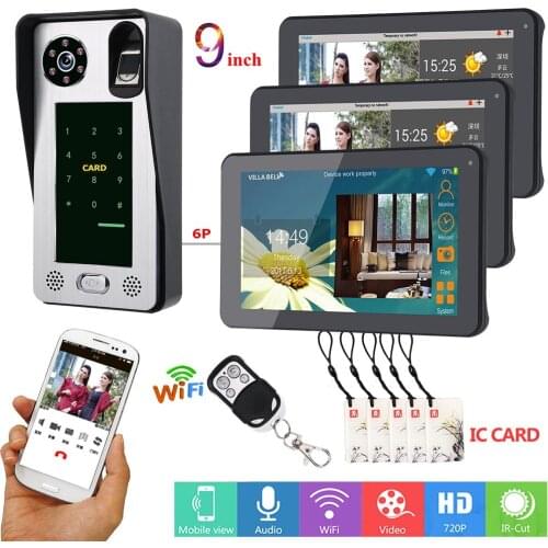 MOUNTAINONE APP Control 9 Inch 3Monitors Wifi Wireless Video Door Phone Doorbell Intercom Fingerprint Password IC Card Camera