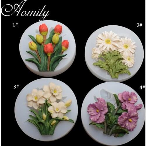 Aomily Tulip Chrysanthemum Daffodil Violet Silicone Mold Fondant Cake Molds Chocolate Moulds Tools Cake Decorating Baking Tools