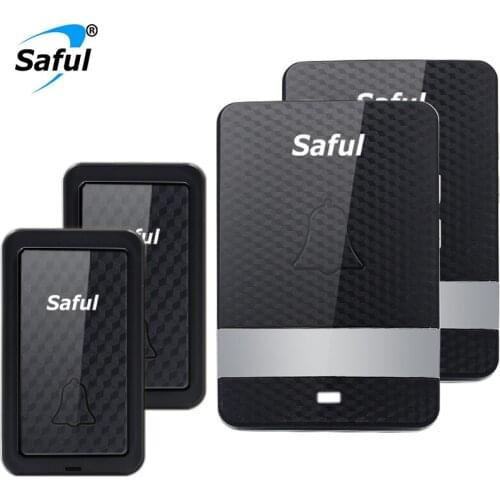 Saful Black Self-powered Wireless Doorbell Waterproof EU plug AC110V-220V Remote Led Light Door Bell with 2 Button+2 Receiver