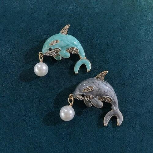 Muylinda Enamel Pin Dolphin Simulated Pearls Brooch Jewelry Vintage Rhinestone Clothes Scarf Clip Accessories Brooches For Women
