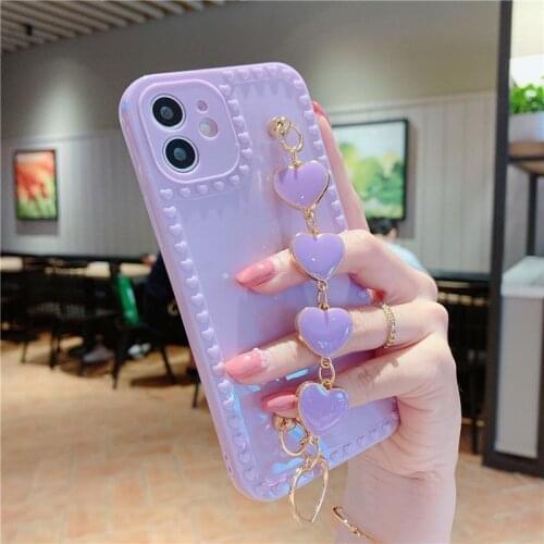 Love Heart Chain Wrist Strap Phone Case For iPhone 11 12 Pro Max X 7 8 Plus XR XS Max 11 Pro Candy Color Back Cover Coque