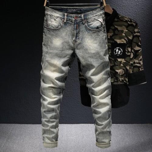 European Vintage Fashion Men Jeans Distressed Wash Elastic Cotton Slim Fit Ripped Jeans Men Retro Designer Casual Denim Pants
