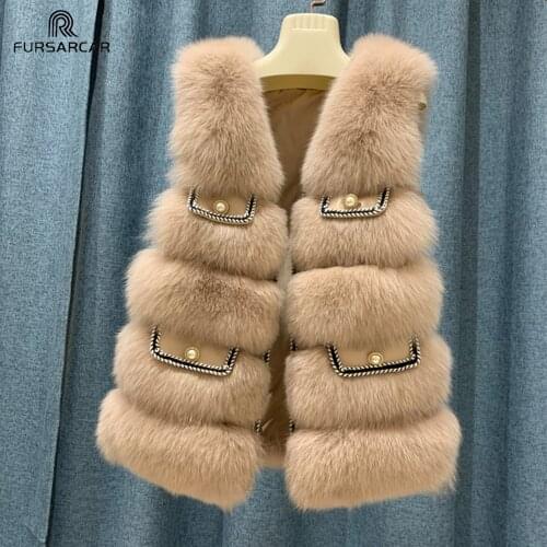 FURSARCAR Natural Real Fox Fur Vest With Genuine Sheep Leather Pockets Detail Luxury Women Winter Real Fur Gilet Fashion Outwear