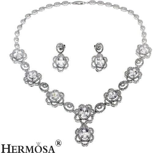 Hermosa Floral Style Grace Gift Women Party Sets Silver Color Choker Necklace Earrings Bridal Wedding Jewelry Set TZ346
