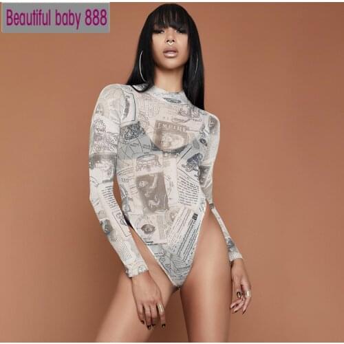 Meqeiss Long Sleeve O-neck Vintage Print Sexy Bodysuit 2021 Spring Womens Streetwear Outfits Gothic Punk Romper Club Bodysuit