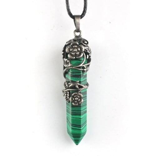 Trendy-beads Copper Flower Wrap Malachite Stone Hexagon Prism Pendant For Anniversary Jewelry