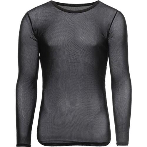 Mens Undershirts Gay Nylon Mesh See Through Sheer Long Sleeves T Shirts Male Sexy Compression Shirts Tank Tops Undershirt
