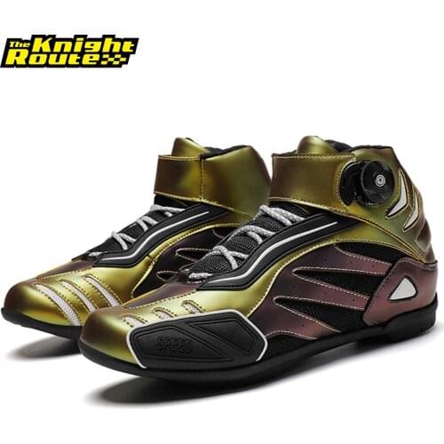 Gold Motorcycle Boots For Motocross Shoes Reflective Motorbike Motorcyclist Motor Bike Chopper Cruiser Touring Ankle Shoes Men