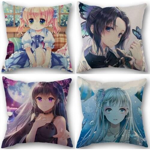 Anime Girl Pillowcase Cotton Linen Fabric Square Zippered Pillow Cover For Office Family Decoration 45X45cm Eco-Friendly 1210
