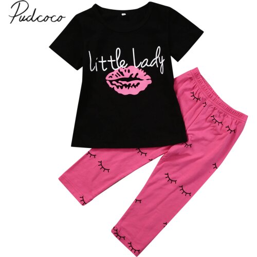 2018 Brand New 1-6Y Summer Casual Infant Baby Girl 2PCS Sets Short Sleeve Letter Lips Black T-Shirts Tops Long Pants Summer Sets