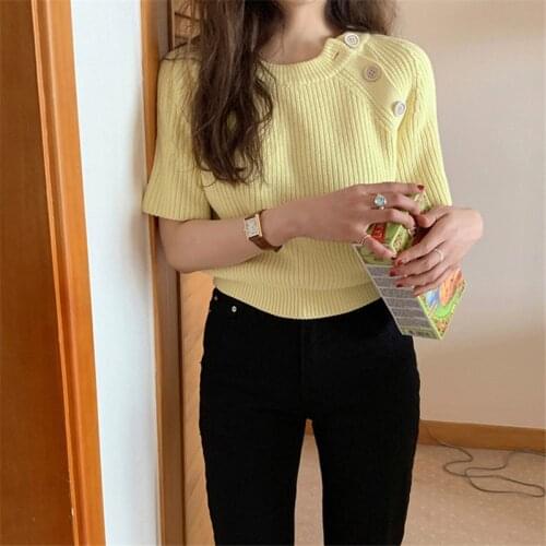 Yellow Winter Korean Style New Round Neck Design Sense Spring Color Palette Raglan Sleeves Short Sleeve Buttoned Sweater