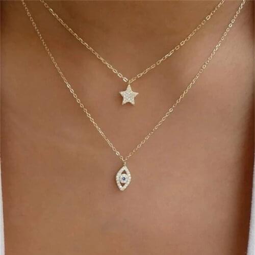 Fashion Boho Gold Simple Full Crystal Five-pointed Star Eye Pendant Choker Necklace For Women Vintage Multilevel Collar Jewelry