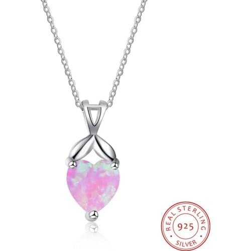 Created Pink Opal Stone Necklace 925 Sterling Silver Cute Heart Shape Necklace for Women Statement Wedding Jewelry Girl Gifts