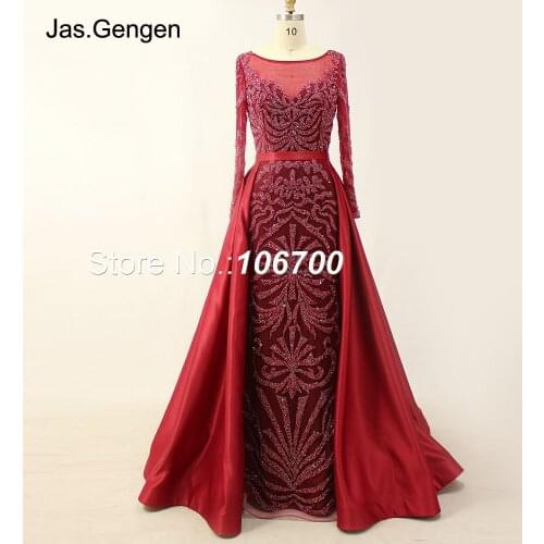 2018 New Prom Dress with Detachable Train Long Sleeve Illusion Hand Crystal Beading Elegant Mermaid Prom Gowns 933