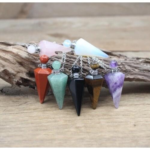 Natural Stone Faceted Cone Perfume Bottle Pendants Healing Reiki Crystal Pendulum Essential Oil Vial Charms Necklaces QC1078