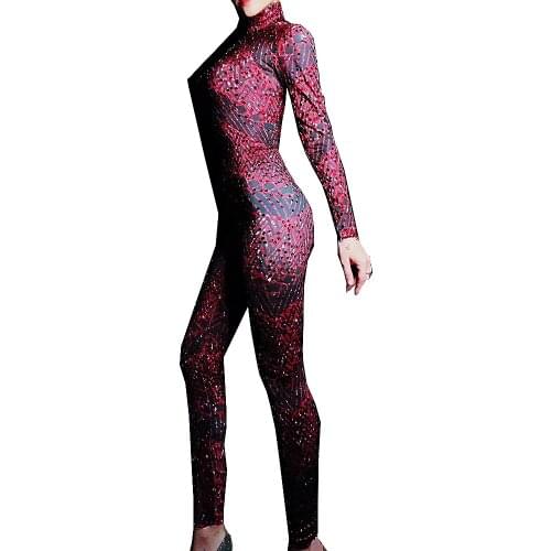 Full Rhinestones Burgundy Color Jumpsuit Striped Printing Backless Elastic Force Bodycon Stage Wear Lady Nightclub Costumes
