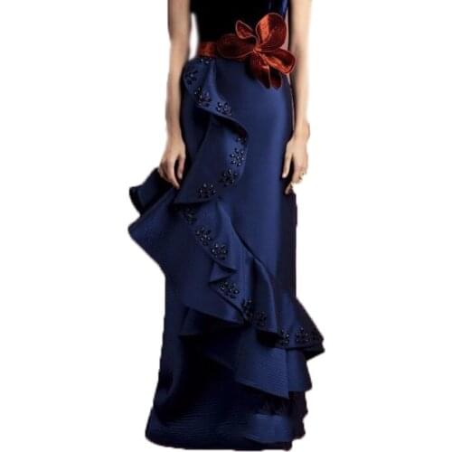 England Style Straight Ruffles Shiny Crystal Skirts For Women Navy Blue Custom Made Long Skirts With Floral Sash Maxi Skirt 2017