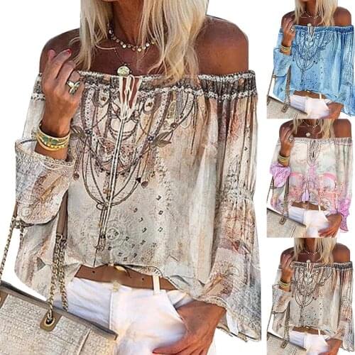 Summer Blouses Women Long Sleeve Off Shoulder Floral Print Hollow Out Lace Up Blouse Shirt Top Plus Size 3XL Shirt Female Blusas