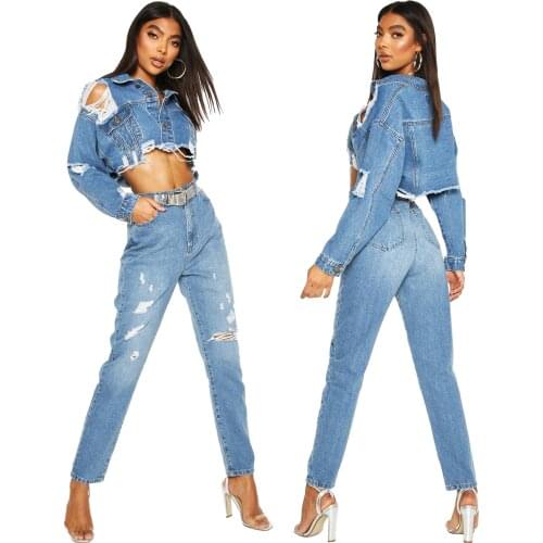 Boyfriend style autumn and winter womens ripped denim jacket 2021 retro Harajuku womens jeans jacket slim fit