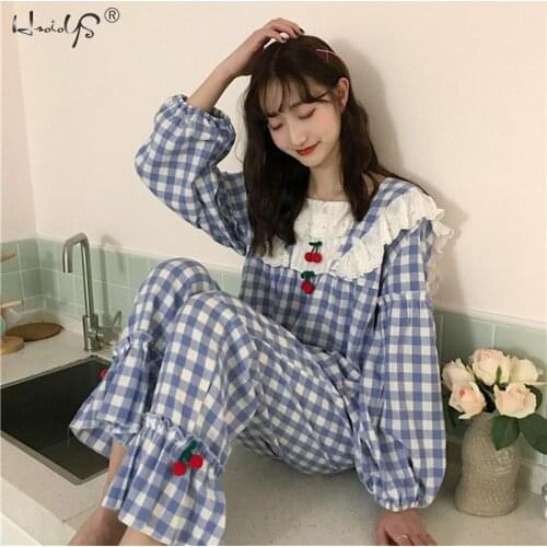 Women Sweet Fashion Square Collar Princess Sleepwear 2021 Plaid Gentle Chic Women Loose Pajamas Suits Fresh Home Clothes