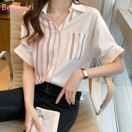 S-XXL Striped Pocket Turn-down Collar Summer Casual Short Sleeve Button Up Tops and Shirts for Women Office Lady Work Clothes