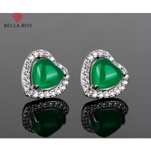 BELLA BOX Silver Stuby Earrings With Heart Shape Emerald Gemstones 5A Zircon silver 925 wedding party female fine jewelry gift