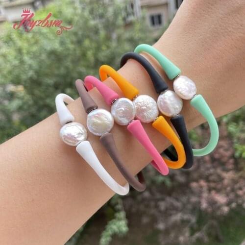 12mm Coin Freshwater Pearl Sport Casual Waterproof Silicone Bracelet Colorful Bracelet Bangle Bracelet 1 Pcs for Women Gift