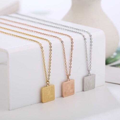 Rose flower square pendant necklace women stainless steel jewelry, trendy statement necklaces rose gold chain collares 2020