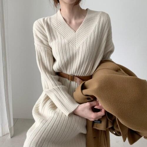 Liva Girl Vintage Elegant Sweater Dress Women 2020 V-neck Knitted Dresses Korean Autumn Winter Waistband Solid Long Sweater