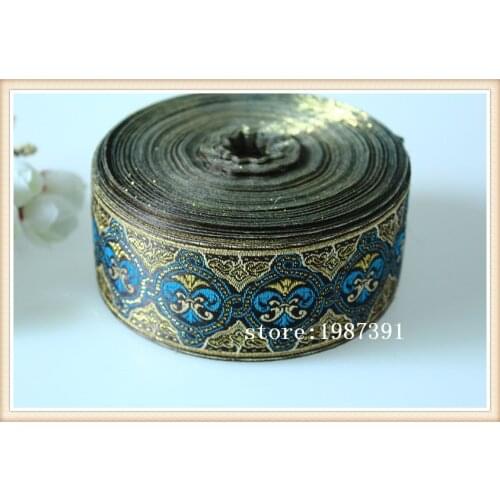 10yards/lot Woven Jacquard Ribbon width 5cm blue totem pattern with gold thread ls-6591