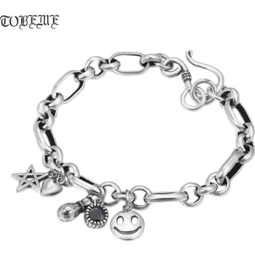 100% 925 Silver Chain Bracelet Stering Bohemia Bracelet star happy face Bracelet Lady Bracelet