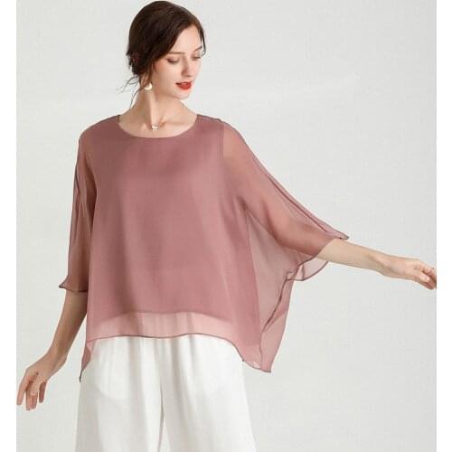 2021Women 100% Silk Shirt O Neck Blouse Summer Big Size Loose Shirt Batwing Sleeve Solid Color Female Elegant Fashion Tops Shirt