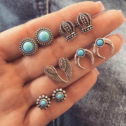 5 Pairs/Set Bohemian Stud Earrings For Women Crown Angel Wings Moon Retro Earring Ear Jewelry Blue Resin Stone Eardrop Accessory