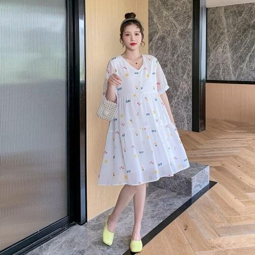 55785# Maternity Dress Summer Chiffon Short Sleeves Loose Stylish Floral Dress Pregnant Women Mom Dress