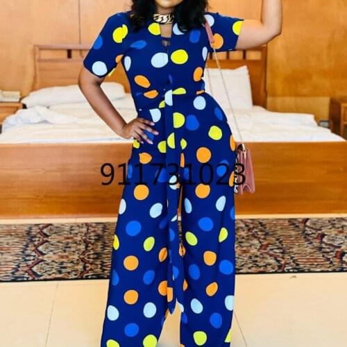 African Clothes for Women Summer Sexy African Women Short Sleeve Printing Polyester Long Jumpsuit