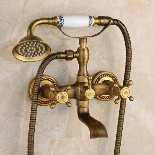 Antique Brass Bathtub Faucet Dual Handles Bath Shower Mixer Tap with Hand Shower Wall Mount Swivel Spout Tub Sink Mixer Faucet