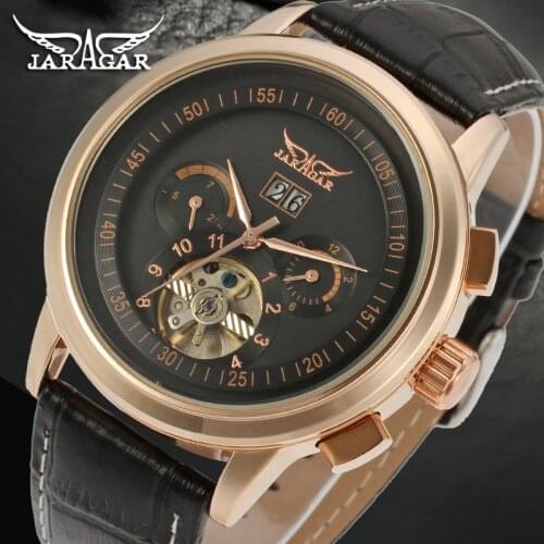 Jaragar Rose Golden Tourbillion Genuine Belt Mens Business Watch 6 Hands Analog Calendar Dress Montre Homme Top Brand Luxury