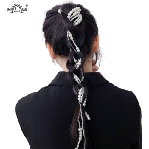Elegant Long Pearl Tassel Chain Tiaras Hairpins Clip for Women Girl Wedding Hair Accessories Party Hair Jewelry