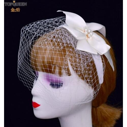 TOPQUEEN VA07 Wedding Headband Bridal Veil with Headband Face Veil Cocktail Hats with White Bow Birdcage Veil Blusher Veil