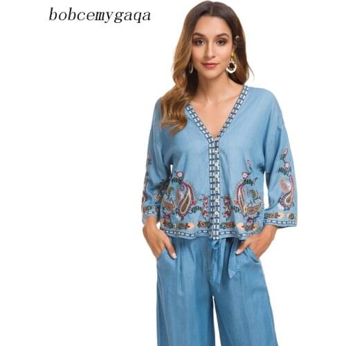 Embroidery women denim cardigan poncho vintage drop-shoulder kimono blouse button v neck kimono soft autumn summer jeans blouse