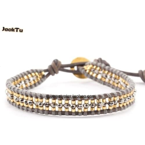 Crystal seed beads leather wrap bracelet
