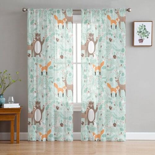 Forest Animals Children Fox Bear Deer Cartoon Sheer Curtains for Girl Kids Bedroom Kitchen Window Drapes Curtain Home Decoration