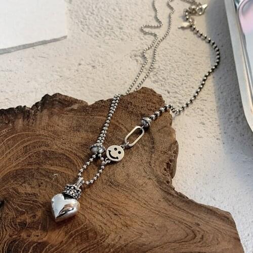 Statement Love Heart Smile Face Asymmetric Pendant Necklace for Women Stylish Round Beads Metal Stainless Steel Necklace Jewelry