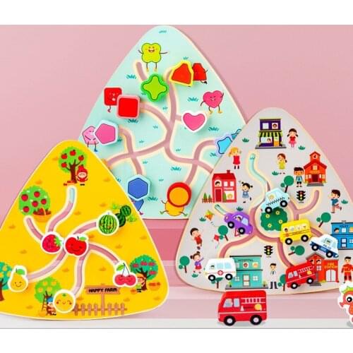 Montessori Wooden Animal Maze Puzzle Digital Fruit Shape Traffic Matching Game Walking Beads Labyrinth Wood Toys for Children
