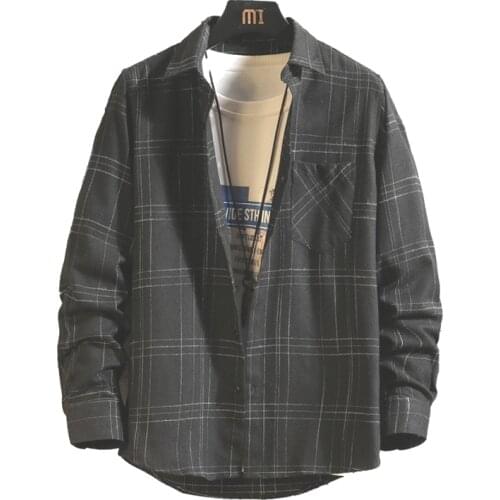 2021 Korean Fashon Plaid Shirt Men Harajuku Korean Style Long Sleeve Button Up Flannel Shirt Black Plaid Vintage Clothing 5XL